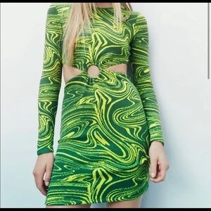 Green and Yellow Marble Knit Cut-Out Dress